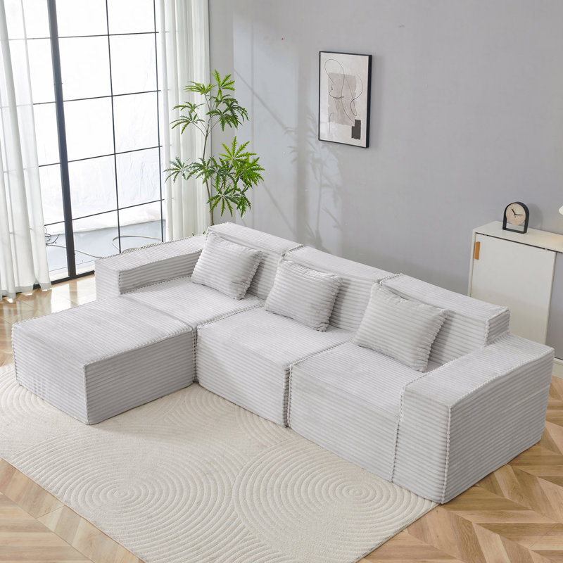 L-Shaped Modular Sectional Sofa, 3-Seater With Ottoman, Striped Corduroy Fabric, High-Density Foam For Home, Apartment, Office