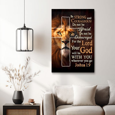 Spiritual “Lion of Judah with Joshua 1:9 Verse” Scripture Canvas Wall Art Stretched Frame for Cozy Studio
