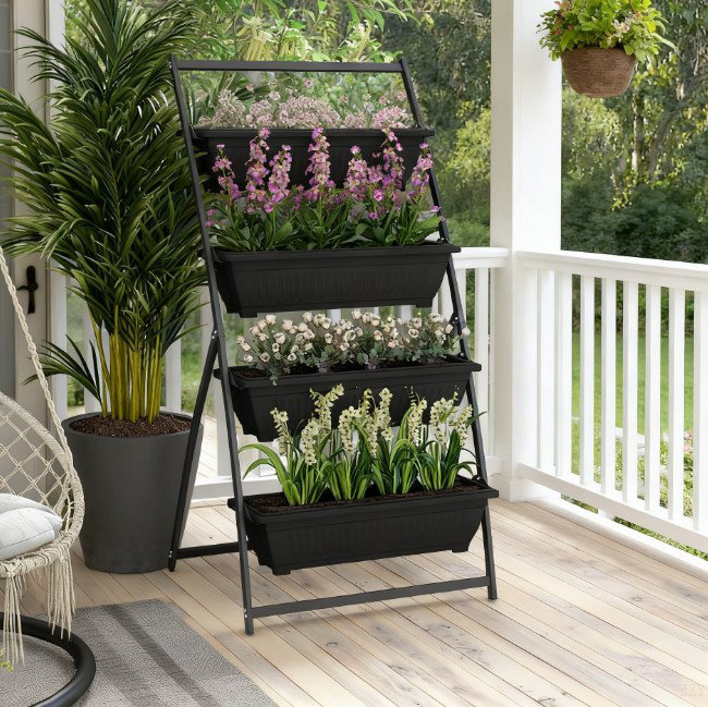 Plant Stand Grow Container,4-Tier Vertical Raised Garden Planter With 4 Boxes,For Vegetable & Flowers, Black