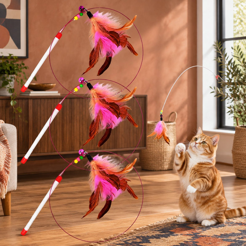 Cet ensemble de 3 baguettes à plumes est composé de fil d'acier agrémenté de perles et de clochettes, et conçu comme un jouet d'entraînement interactif pour chatons.