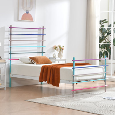 Modern Metal Platform Bed Frame with Colorful Horizontal Bars - Multiple Colors Available, No Box Spring Needed, Sturdy Steel Construction, Easy Assembly