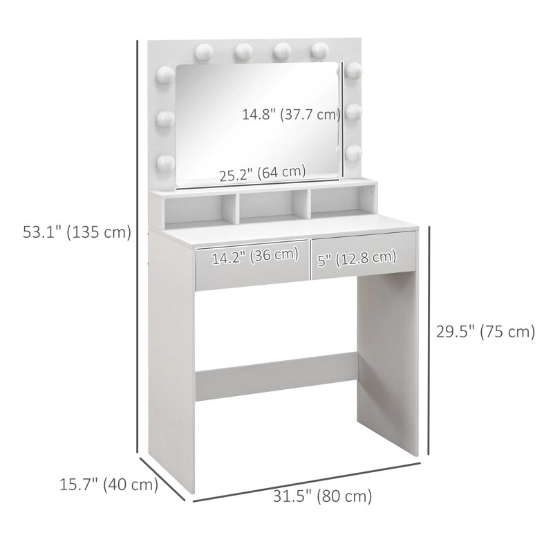 Table de coiffeuse élégante de style nordique avec 10 lumières à DEL Hollywood et miroir, 2 tiroirs, 3 compartiments, pour la chambre à coucher - Blanc