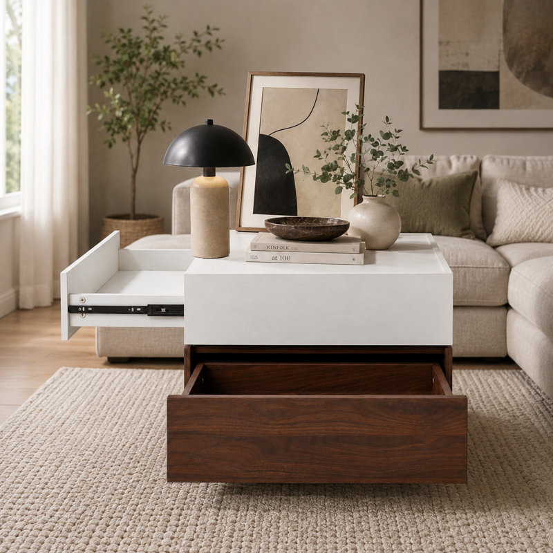 Table basse rotative carrée deux tons noyer blanc avec tiroirs doubles et rangement caché - Table tournante multifonctionnelle pour le salon