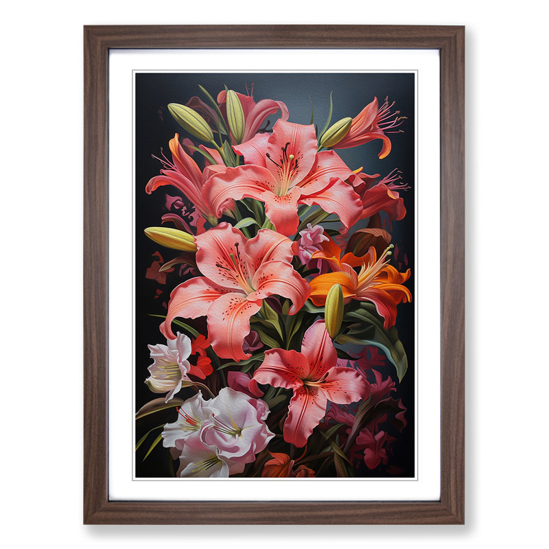 Floral Hard Edge Painting No.2 - Single Picture Frame Print on Wood, Walnut, 46cm H x 34cm W x 2cm D