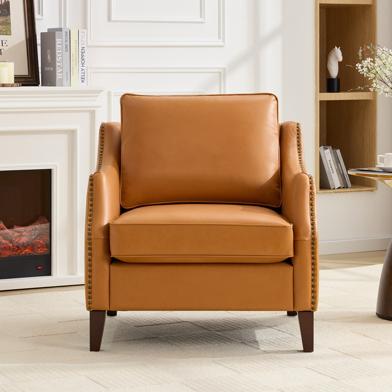 33.4" W Genuine Leather Upholstered Accent Armchair, Brown