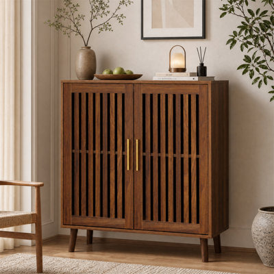 31.5" Modern Farmhouse Sideboard Cabinet with Slatted Doors, Walnut
