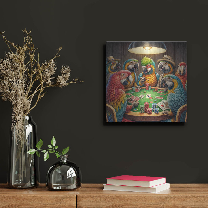  «Parrots jouer au poker» par Rey Klimt, art mural en métal, H 12 po x l 12 po