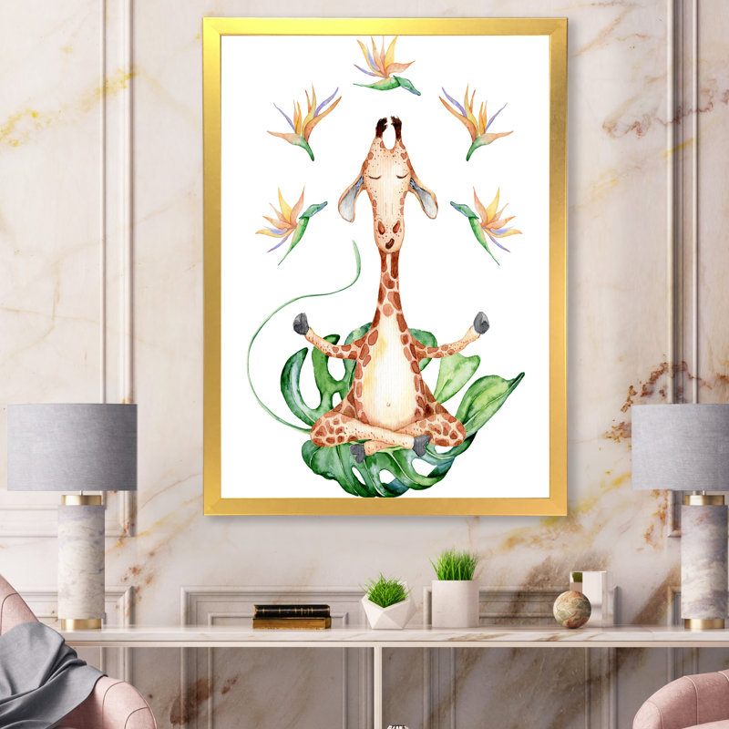Dessin de girafe avec fleurs tropicales V - peinture sur toile, H 44 po x l 34 po, Cadre doré à coins fermés