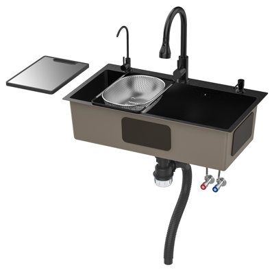 Évier de cuisine noir, évier simple en acier inoxydable, éviers d'établi encastrés / montés sur le dessus avec planche à découper, évier d'établi avec accessoires multiples (31,5 po x 17,7 po)