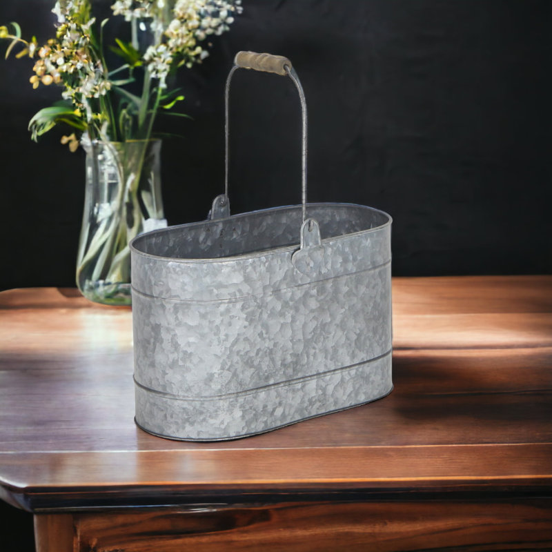 Oval Silver Galvanized Metal Bucket with Wood Handle Grip