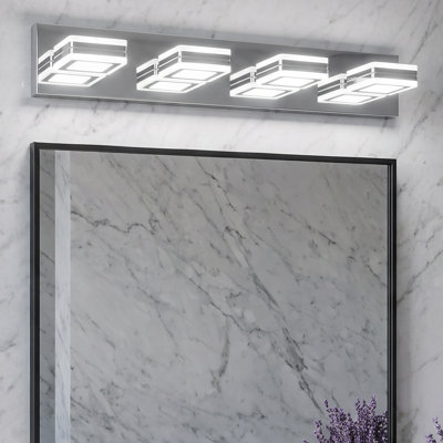 Applique murale moderne de salle de bain à DEL, 4 lumières, fini chrome poli, 66 cm (26 po), à placer au-dessus d'un miroir.