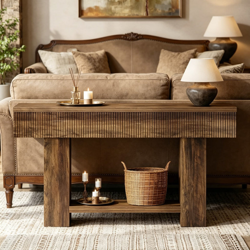 Console rustique de 55 pouces avec tablette de rangement, canapé d'entrée pour le couloir, le salon et le vestibule, conception en bois moderne à deux niveaux