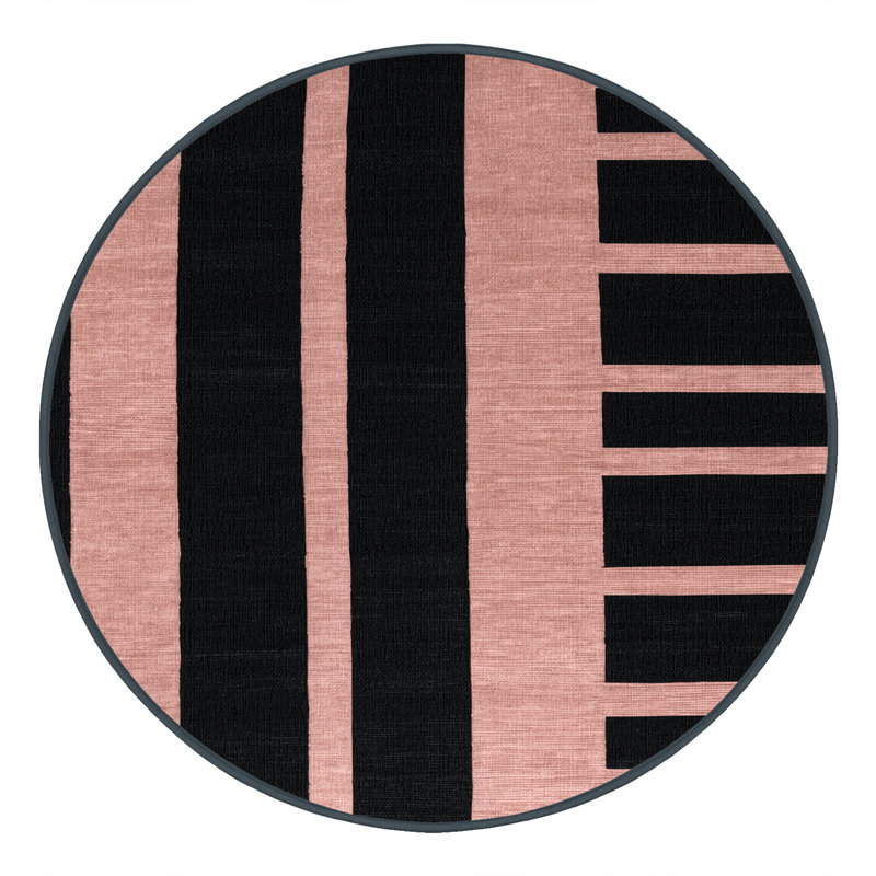 Machine Washable Horizontal Stripes Black Area Rug, Round 5'