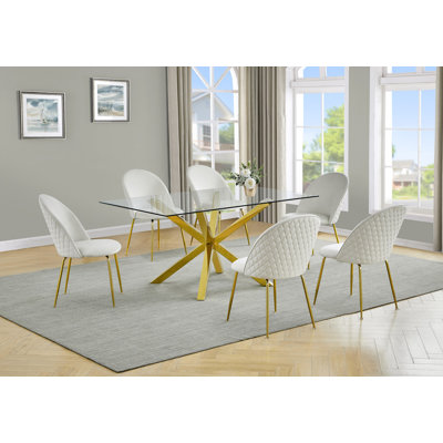 63" x 39" Glass Table Dining Set With Upholstered Side Chairs And Gold Base