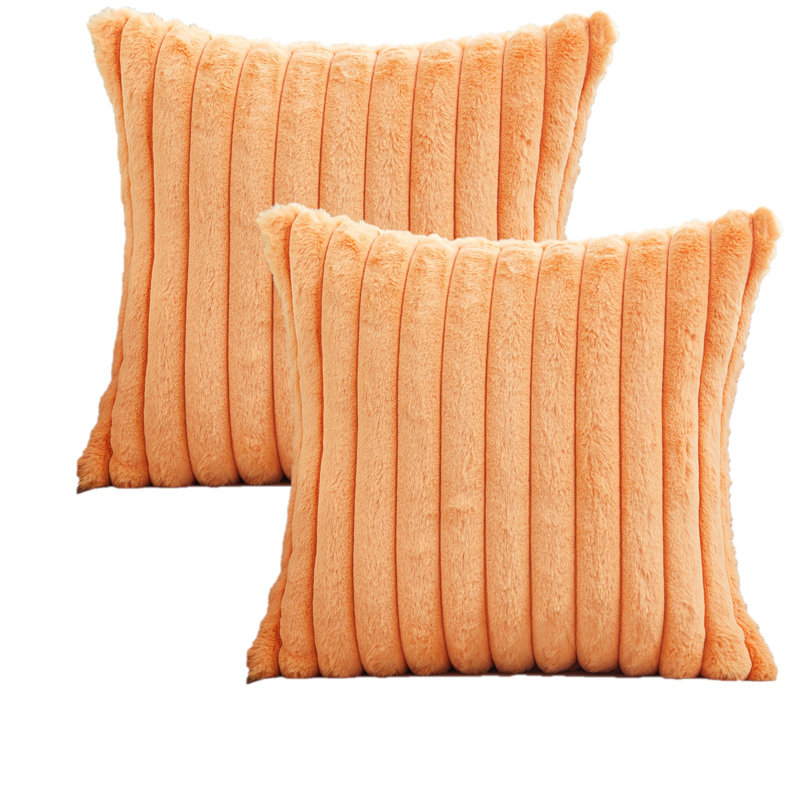 Faux Fur Lines Striped Faux Fur Reversible Pillow Cover, Orange, 20" H x 20" W