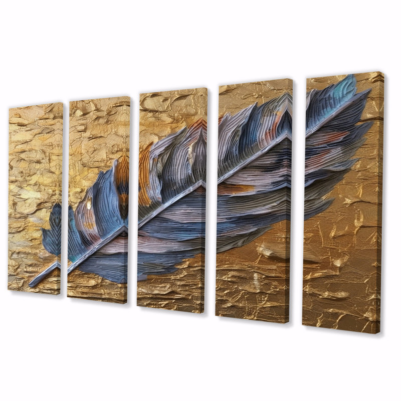 Boho Glam, exquise plume bleue sur une peinture dorée - plumes, décoration murale - 5 panneaux égaux