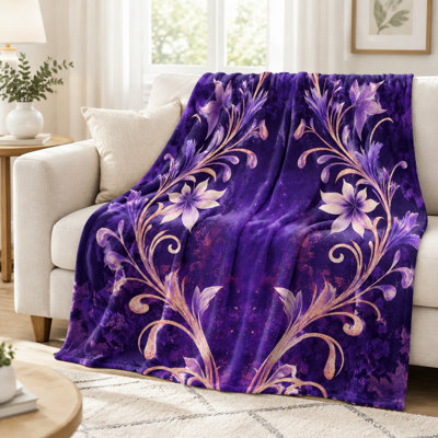 Jeté en flanelle floral ultra doux - mauve royal avec des tourbillons dorés, léger, respirant, toutes saisons, doux pour la peau, lavable à la machine, décoratif, pour canapé, canapé, salon et chambre à coucher