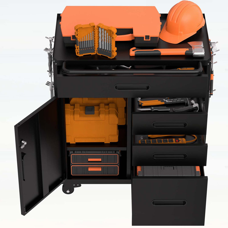 Armoire de rangement pour outils 34,3 pouces avec compartiment verrouillable et 4 tiroirs, coffre en acier pour atelier et garage