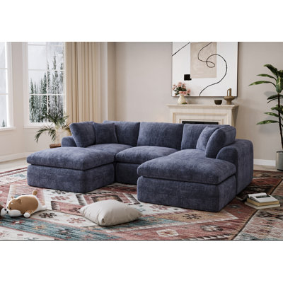 U-Shape 5-Seat Sectional Sofa With Ottomans, 110" Wide, No-Assembly Cloud-Style Design, High-Density Boneless Compression Foam, Navy