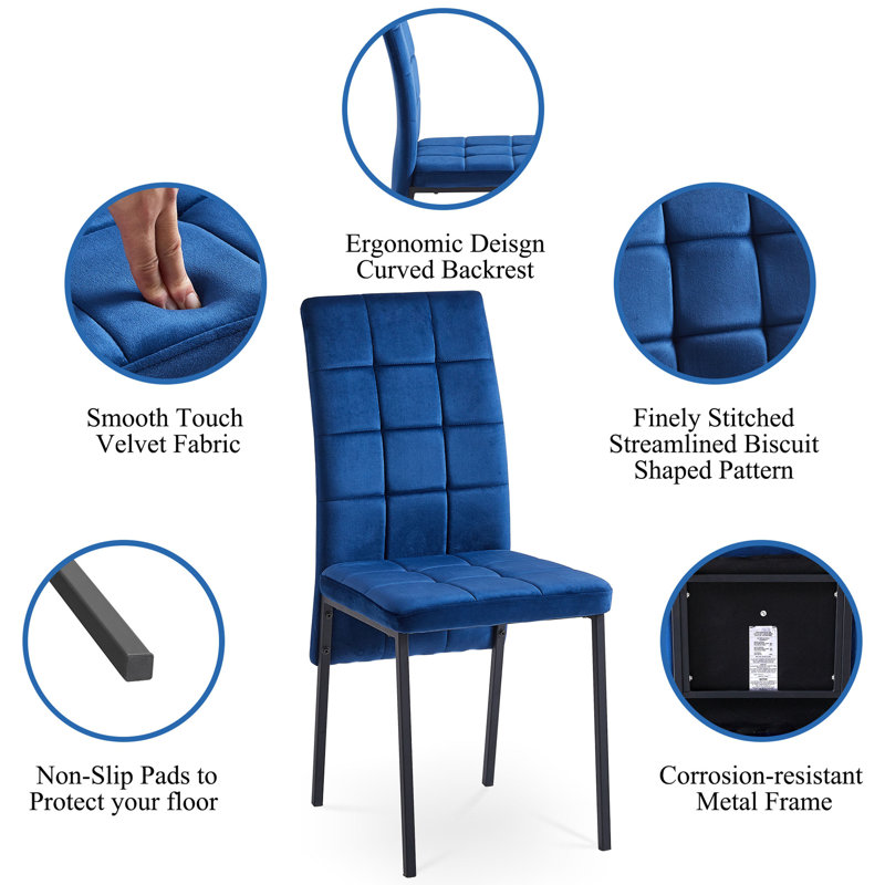 Chaise de salle à manger moderne en velours bleu foncé à haut dossier avec pieds noirs, ensemble de 4, Bleu