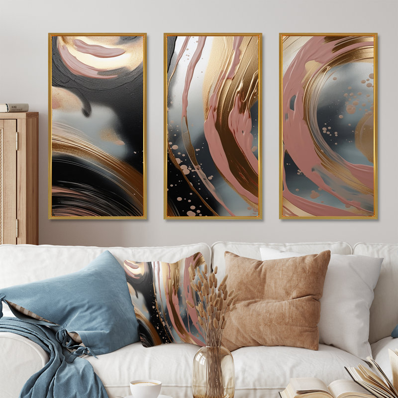 Abstrait, or et rose, encre liquide, cercles I - encre liquide abstraite, art mural, Cadre flottant doré
