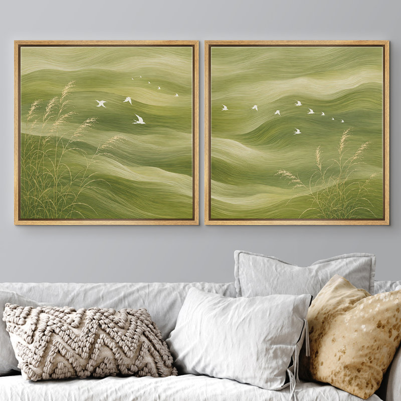 Ensemble de 2 reproductions d'art sur toile encadrées vert olive avec oiseaux blancs et douce nature abstraite