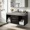 Salle de bain murale moderne 39 po avec lavabo, meubles-lavabos flottants avec deux tiroirs et tablettes, plateau en pierre frittée grise, armoire noire et lavabo en céramique blanche