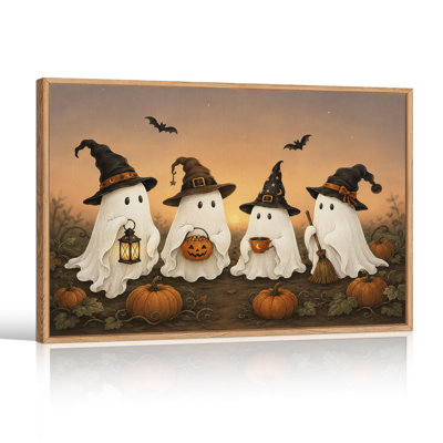 Toile fantôme avec chapeaux de sorcière avec citrouilles et chauves-souris à l'Halloween
