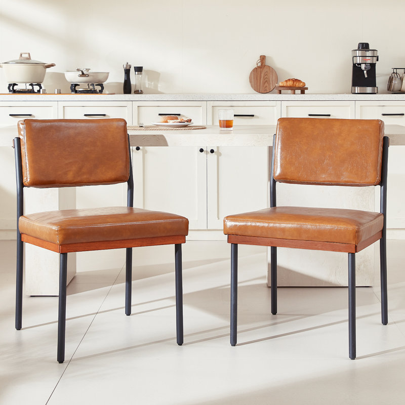 Modern Dining Chairs Set of 2, Kitchen Chairs with Thick Cushions and Adjustable Foot Pads, Upholstered Faux Leather Dining Room Chairs with Sturdy Metal Legs,Brown