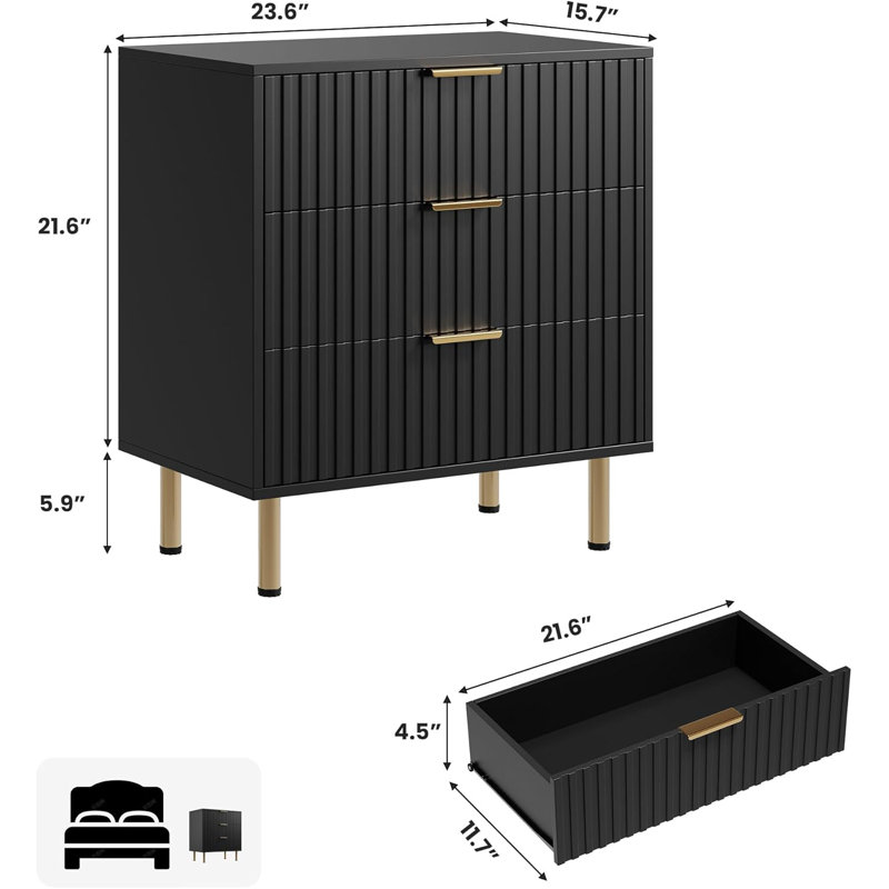 3 Drawer Dresser for Bedroom, Black