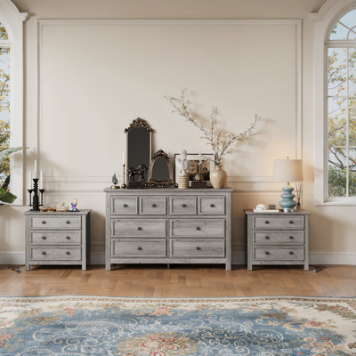 3 Piece Bedroom Dresser Set - 8 Drawer Dresser And Two 26.7''w 3-drawer Nightstand With Charging Station,gray Wash Winston Porter