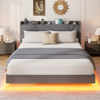 Floating Queen Size Bed Frame with LED Lights & Charging Station - Upholstered Platform, Storage Headboard, Folding Shelves, Sturdy Metal Slats, No Box Spring Needed - Gray