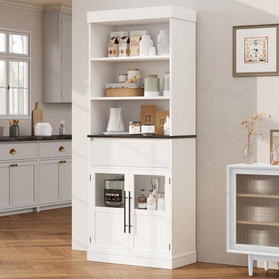 Farmhouse Storage Cabinet, Glass Door Display Cabinet with a Drawer, Freestanding Kitchen Pantry Cabinet with 3-Tier Open Shelves, Wood Bookshelf for by Winston Porter