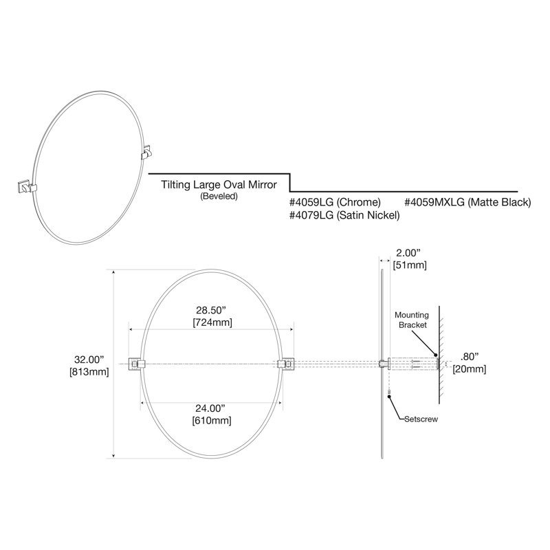 Miroir mural ovale sans cadre Elevate | Miroir de salle de bain pivotant et biseauté, Chrome, H 32 po x l 28,5 po
