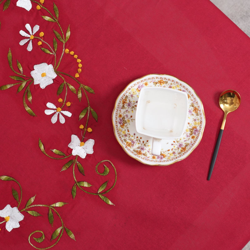 Housse de table rouge en coton épais brodée à la main - Nappe florale multicolore pour table de salle à manger et décoration intérieure élégante