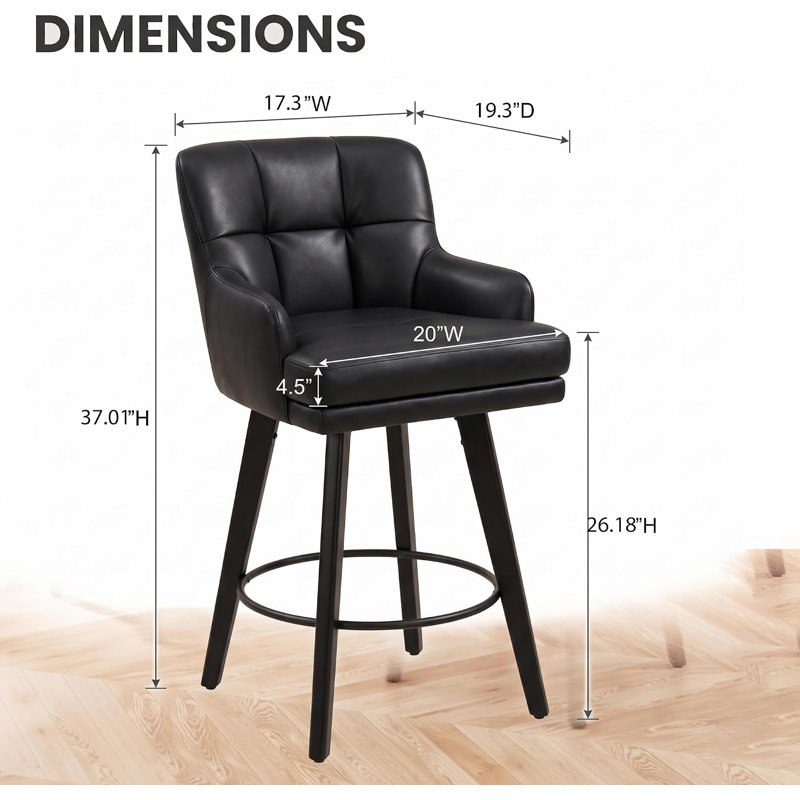 Ensemble de 4 tabourets de bar pivotants, chaises de bar rembourrées en PU, noires, Noir, noir, noir, noir, 4