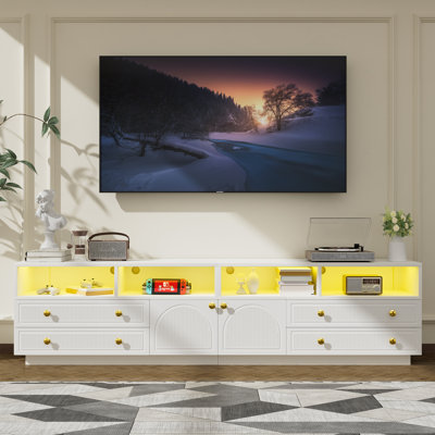 Meuble télé pour téléviseur de 100 po ou moins, téléviseur haute brillance avec lumières DEL et rangement pour le salon, blanc