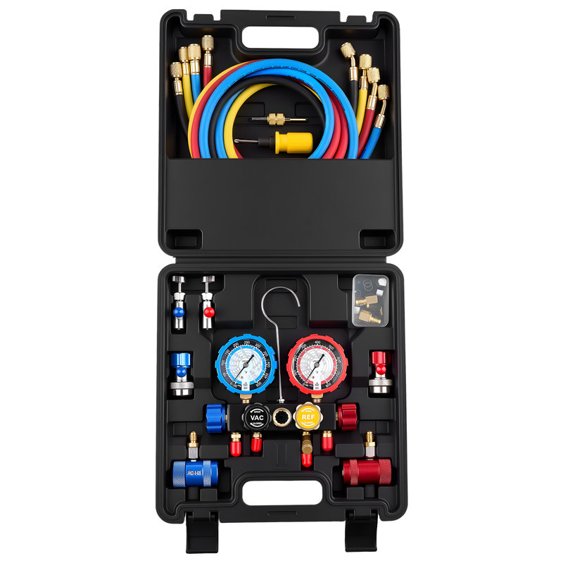 Ensemble de jauges à CA pour collecteur frigorifique R134a R404A R1234yf R22, jauge AC 4 voies avec tuyaux de 5 pi, adaptateurs, raccords rapides, robinets pour l'entretien de la climatisation automobile, évacuation de la charge