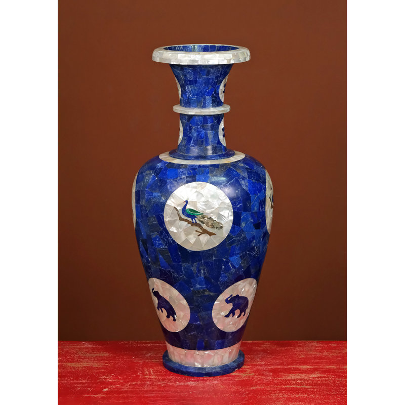 30" Fine Marble Vase with Lapis Lazuli Inlay – Handmade Artistic Peacock & Elephant Motif, Luxury Statement Piece for Modern & Classic Interiors