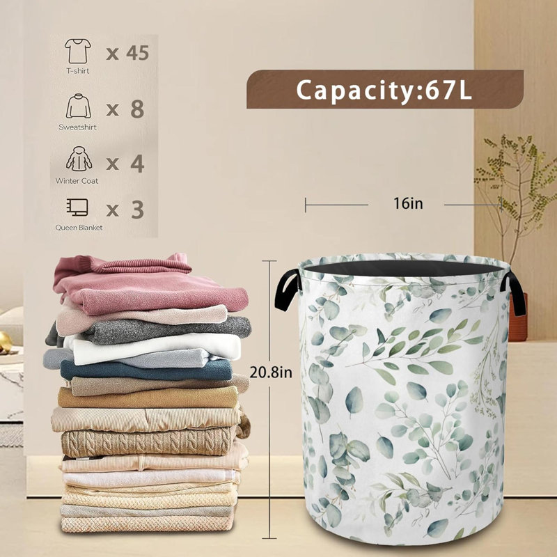 Panier à linge pliable en eucalyptus, panier à linge avec branches à feuilles, panier de rangement avec poignées pour salle de bain Chambre à coucher Collège Dortoir Salon Organisateur de chambre de bébé