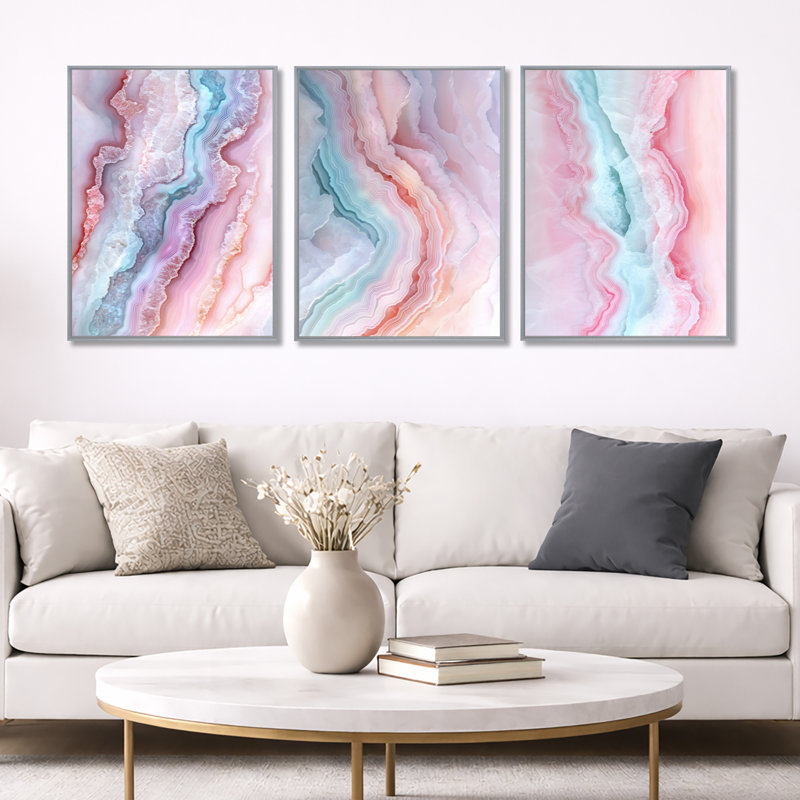 Agate Dream River I - Pink Geode, art mural encadré 3 pièces, Encadrement argenté, H 32 po x l 72 po