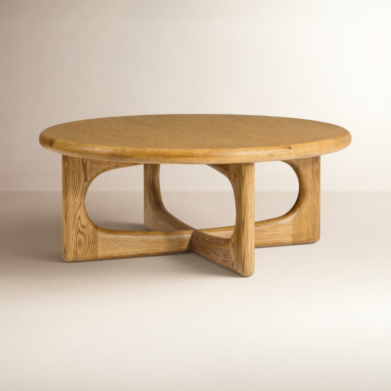 Griffey Round Single Coffee Table Beige Wire-Brushed Oak and Rubberwood Cross Leg Base Patio Tables for Living Room, Beige