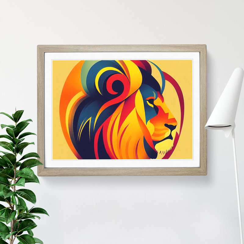 Lion Deco Style Abstract - Single Picture Frame Print, 25cm H x 34cm W x 2cm D, Oak