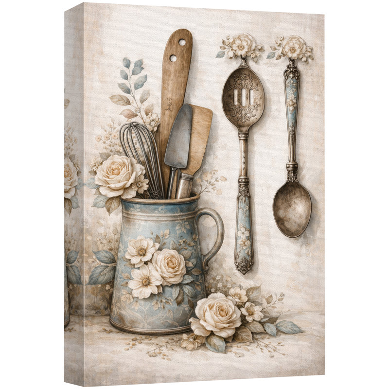«Vintage Kitchen Utensils Floral Still Life», images de cuisine, impression sur toile encadrée, impression numérique