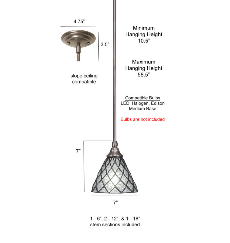 Stem Hung Mini Pendant Shown With 7" Diamond Ice Art Glass, Brushed Nickel