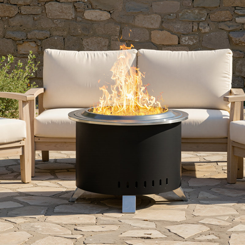 Stainless Steel 22" Low Smoke Fire Pit,Outdoor Wood Burning Smokeless Fire Pit With Cover & Poker, Black