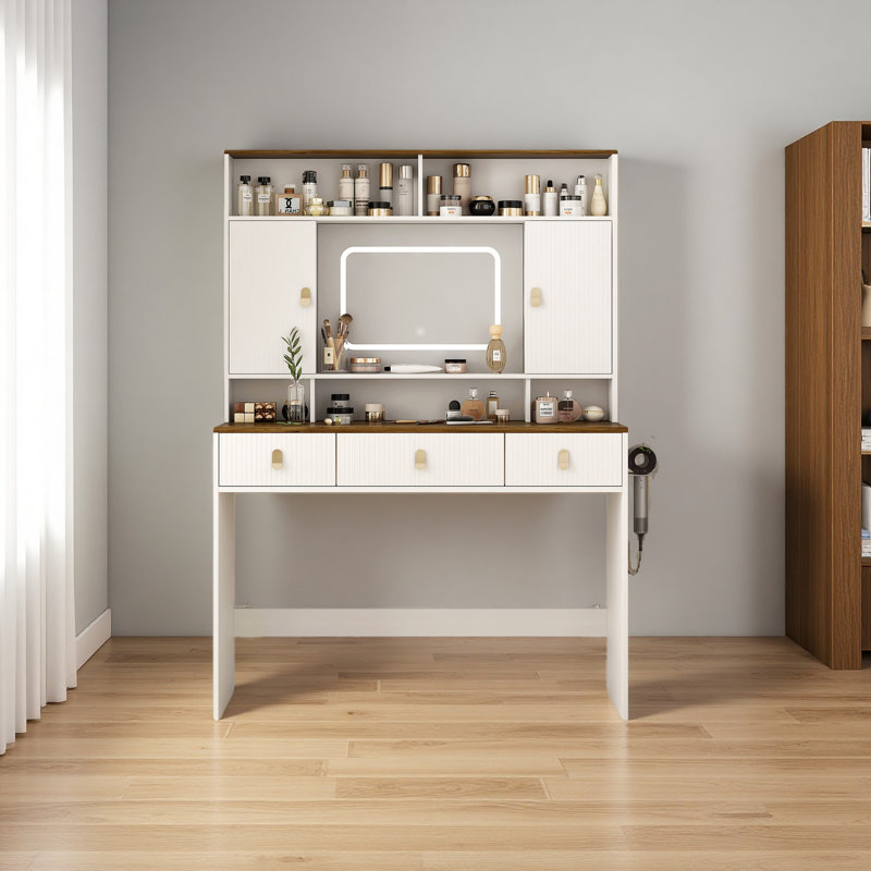 Farmhouse Dressing Table Makeup Table, 43" Wide Dressing Table With Lighted Mirror And Makeup Drawer, Large Modern Dressing Table Set With Hair Dryer Holder For Bedroom