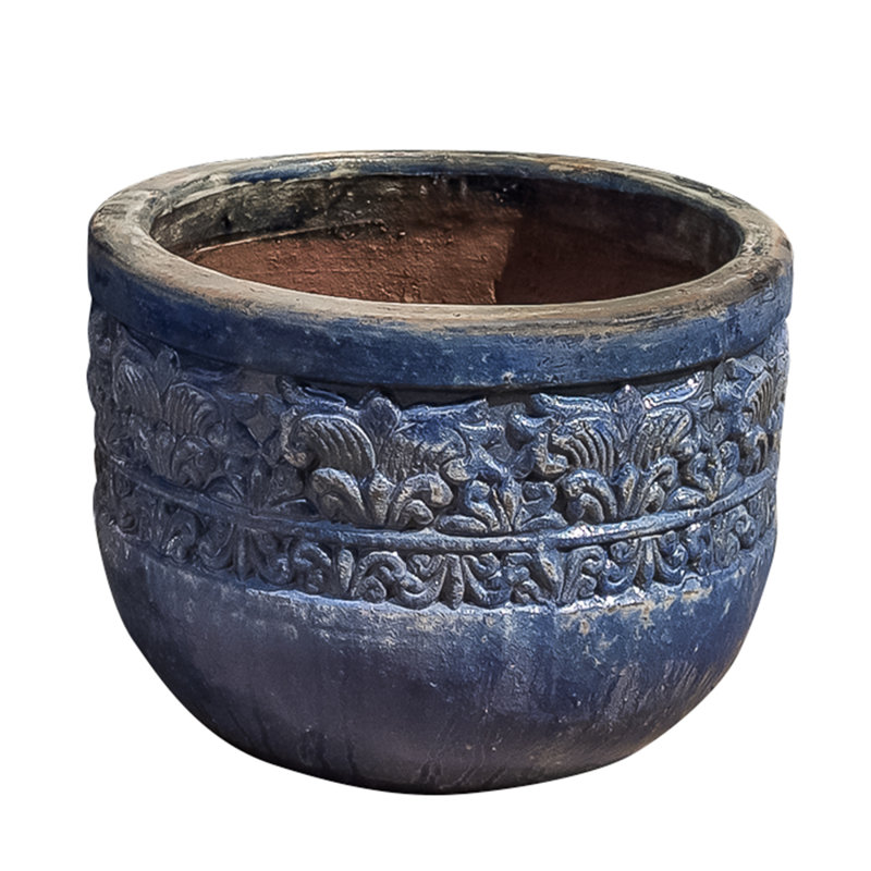 Pot de fleurs en terre cuite terra émaillé Quebrada, H 9,75 po x l 13,75 po x P 13,75 po, Bleu