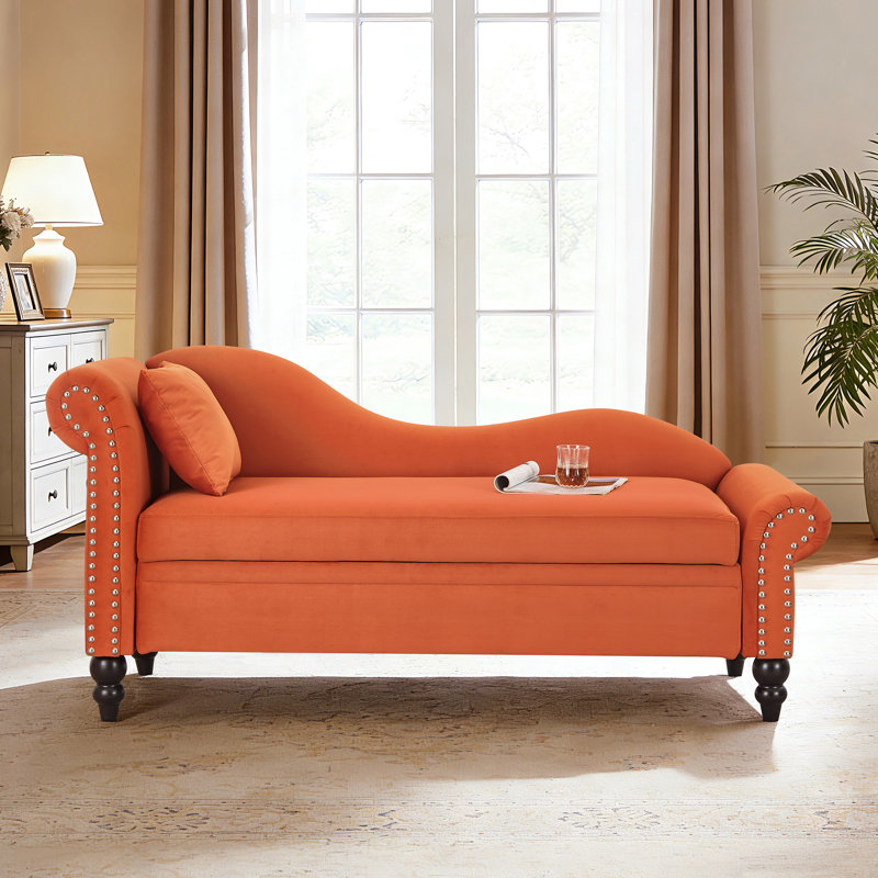 Chaise longue moderne en velours Veloura 64,5 po avec rangement pour salon, Orange