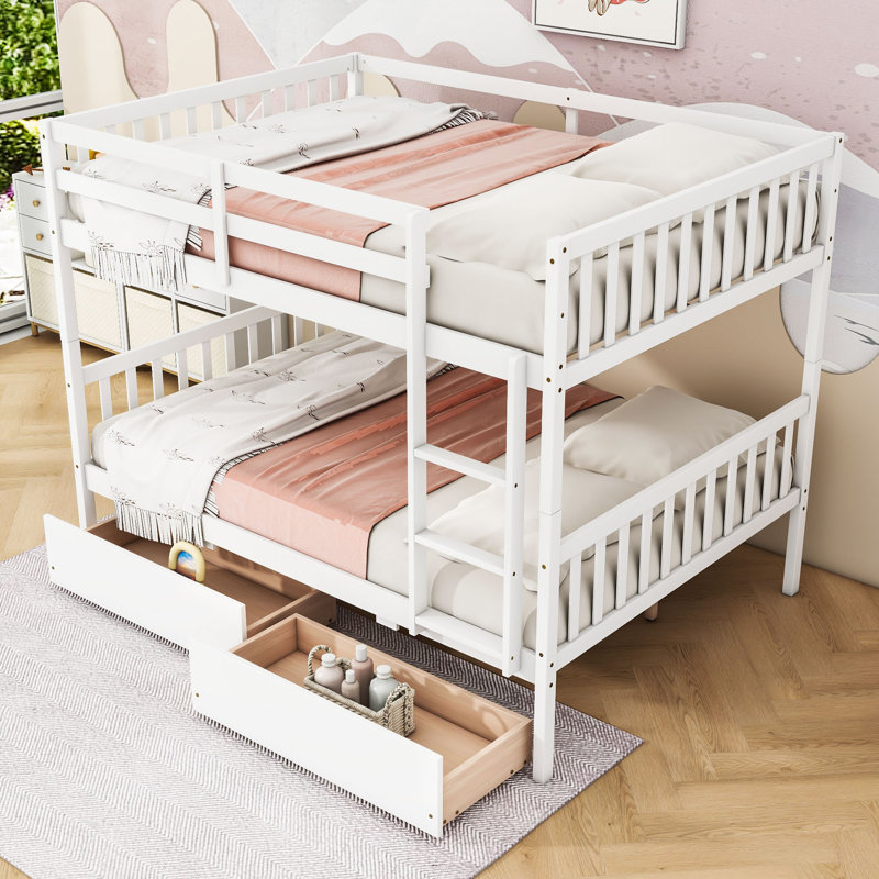 Rubber Wood Bunk Bed With Two Drawers, Full Over Full, White